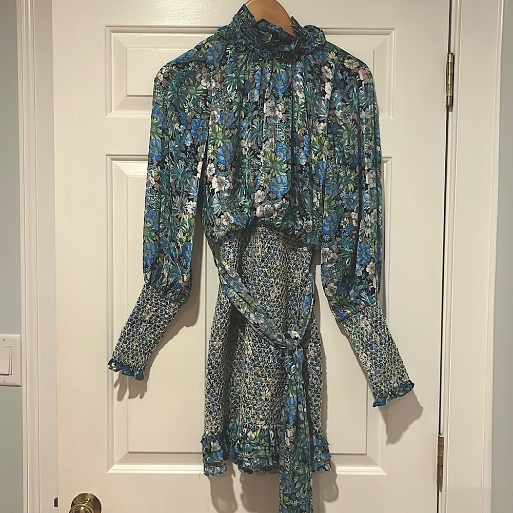 elliatt marsa floral print smocked bodycon high neckline long sleeve mini dress